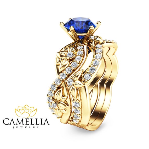 Yellow Gold Sapphire Bridal Ring Set Unique by CamelliaJewelry