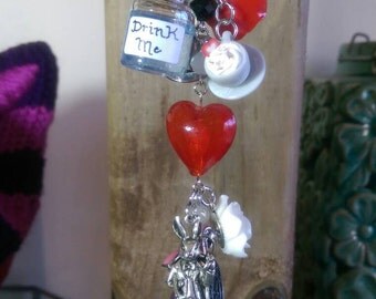 Alice in Wonderland Car Charm; Queen of Hearts Crown, Black and White with Glass Heart Bead