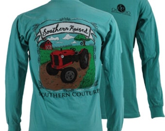 Southern Couture, like Simply Southern, comfort Colors, chalky mint, raised on farm, tractor, short or long sleeve tee shirt