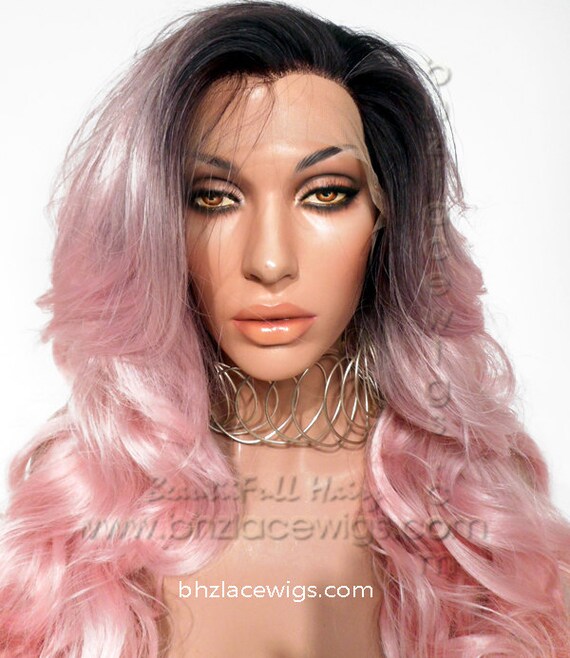 Dark root baby pink lace front wig Pink Charm ombre nicki