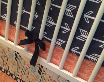 Navy and Pink Crib Bedding Set | Baby Girl Nursery | Aztec, Native American, Arrows Tribal | Bumper, Fitted Crib Sheet, Skirt