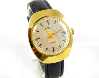 Poljot mens wrist watch AU20 gold plated 17 jewels Calendar Original RARE USSR great condition Serviced