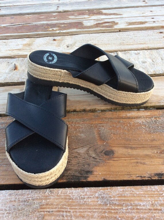 Black Espadrille Platform Sandals Greek Leather by madammeshushu