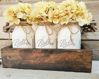 Mason Jar Decor,Planter With Mason Jars,Home Decor,Table Centerpieces,Rustic Kitchen Centerpieces, Mason Jar Decor,Planter Box with Jars