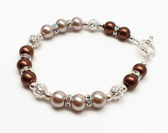Sparkling Bridal Pearl Bracelet. Marron and Smoke Brown Pearl Rhinestone Bracelet, Maid of Honor, Wedding Jewelry, Bridesmaide Gifts