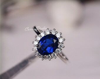 Royal Style Oval Sapphire Ring Lab Sapphire Engagement Ring/ Wedding Ring 925 Sterling Silver Ring Anniversary Ring Promise Ring