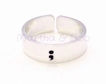 Semicolon ring, semi-colon jewellery, semi colon, customised ring, personalised, punctuation jewellery, hand stamped cuff ring