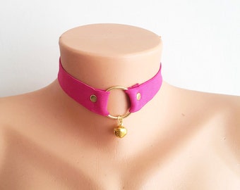 Pink BDSM Choker Collar, Gold Bell Collar, O Ring Collar, Gold bell Choker. Bondage BDSM Inspired, Cosplay Costume, Mature