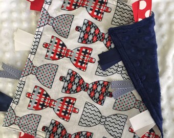 Personalized Tag Blanket Sensory Ribbon Blanket Lovey- Dapper Bowties and Minky Dot