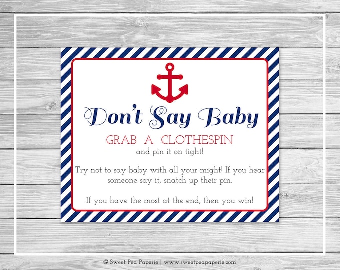 Nautical Baby Shower Don't Say Baby Game - Printable Baby Shower Don't Say Baby Game - Navy Red Baby Shower - Don't Say Baby Sign - SP118