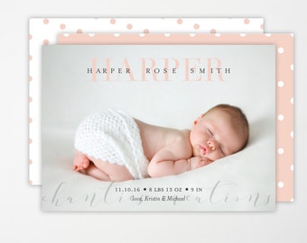 Baby Girl Birth Announcement -Blush Pink Digital or Print