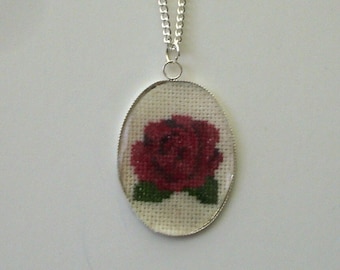 Hand embroidered Red Rose cabochon necklace