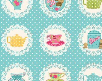 Doilies Teacup Teapot Biscuits on Doily Blue Polkadot Cotton Fabric from Tea Party Collection by Makower per Fat Quarter and per metre