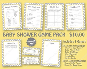 Yellow Gray Baby Shower Game Pack -70% OFF -PRINTABLE Baby Shower Games- 8 Pack -Chevron Babyshower Diaper Raffle -L Gray Pastel Yellow 22-6