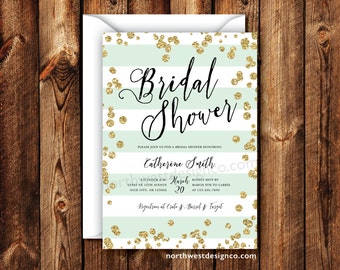 Mint Gold Bridal Shower Invitation Wedding Shower Invitation Elegant Modern Boho Invite Mint Stripe Black Gold 5x7 Digital File or Printed