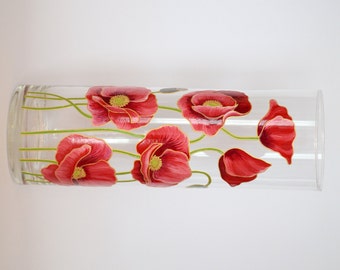 Wedding Gift for Friends Hand Painted Vase Flower Home Decor Wedding Vase Table Centerpiece Red Poppies Tall Cylinder Colorful Glass Vase