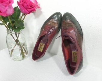 Red Camel Oxford Shoes 8.5 N Narrow Vintage Lace Up Wing Tip Brown Black Red