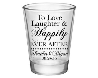 200x Wedding Shot Glasses Wedding Favors | 1.75 oz Clear | Love Laughter & Happily Ever After (1A) | Choose Imprint Color | READ DESCRIPTION