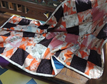 Vintage Japanese kimono quilt, Japanese lap throw, Kimono futon blanket 35" x 54" Hand tied kimono quilt