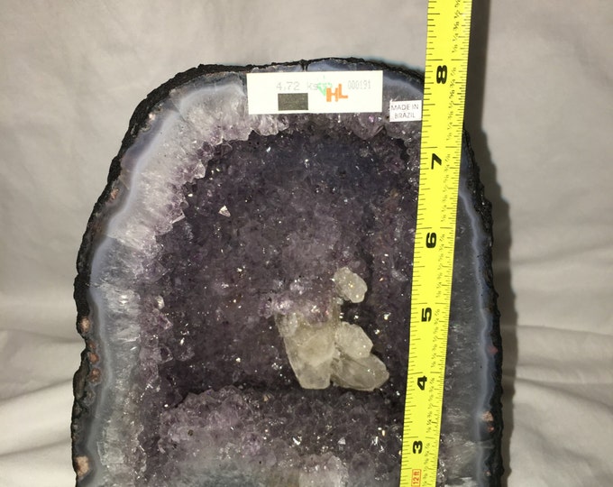 Amethyst Geode Cut Open- AAA Grade Amethyst from Brazil- with Calcite Crystal Inclusion Healing Crystals \ Reiki \ Healing Stone \ Fung Shui