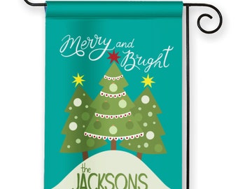 Merry and Bright Personalized Christmas Tree Holiday Winter Garden Flag Yard Sign Banner Decor Decoration Personalize with your Family Name