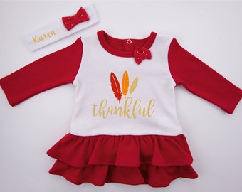 First Thanksgiving Girl Outfit, THANKFUL Baby Dress & Personalized Baby Headband, Thanksgiving Baby Girl Clothing, Baby Girl Thanksgiving