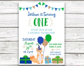 Fox Birthday Invitation Boy, Fox Invitation, Fox Birthday Party, First 1st Birthday Invitation Boy, Blue and Green Printable Invite
