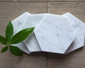 Bianco Gioia Hexagon Marble Coasters. Polished. Set of 2. Set of 4. Set of 6
