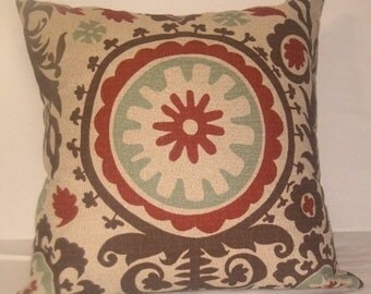 Earth tone suzani decorative pillow 22" square Brown beige, brick red,