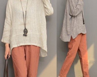 Loose fitting linen top cotton blouse linen tunic linen shirt maxi top asymmetrical clothing women top women clothing