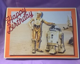 3d retro star wars birthday card with R2D2 and C3PO,a name,age or family member can be added if requested when you buy the card
