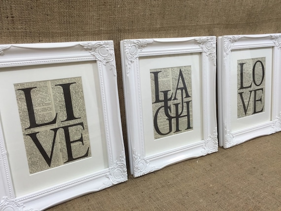 LIVE LAUGH LOVE Dictionary Prints / Set of 3 Framed Word Art Prints / 8x10 White Framed Typography Set / Inspirational Words / Life Quotes