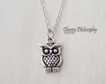 Owl Necklace - Small Owl Charm - Antique Silver Toned Jewelry