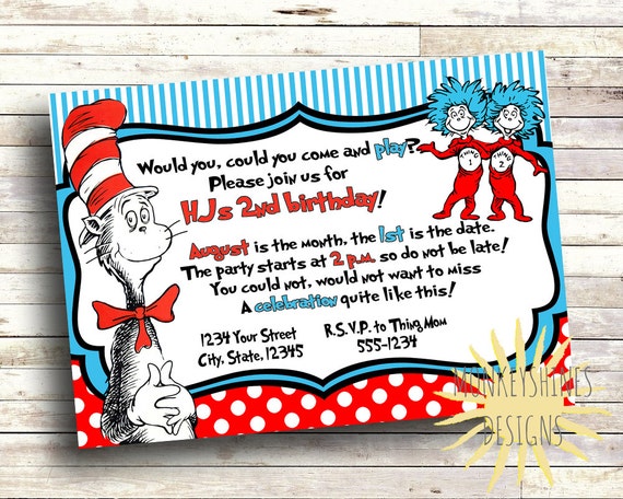Items similar to Dr. Seuss - Cat in the Hat Birthday Party Invitation ...