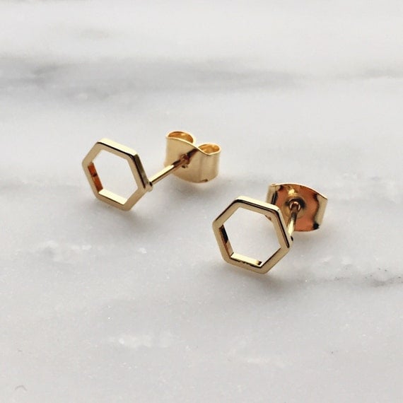Hexagon Earrings / Gold Hexagon Stud by SimpleDaintyJewelry