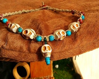 Hemp Day of the Dead Necklace with Turquoise Skulls