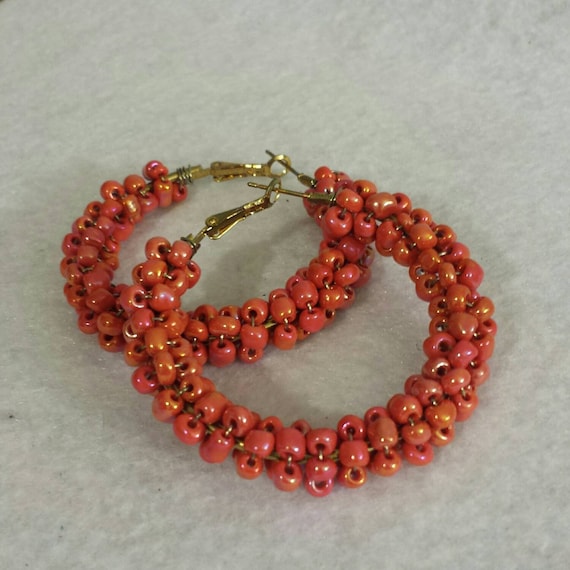 Coral Beaded Hoop Earrings Beaded Hoops Coral by KreationsByEbonie