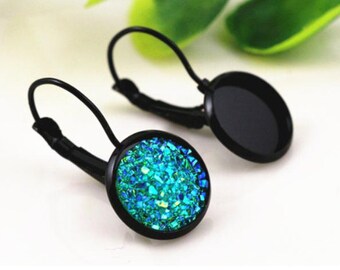 10 Black Earring Blanks + Glass dome 12mm Round Earring Setting Glass Cabochon French Leverback Earring Bezel Lever Back Jewelry Supplies