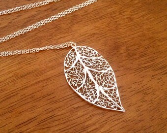 Long rose gold leaf necklace, long pendant necklace, long rose gold necklace, long leaf neckace, long necklace, 30 inch necklace