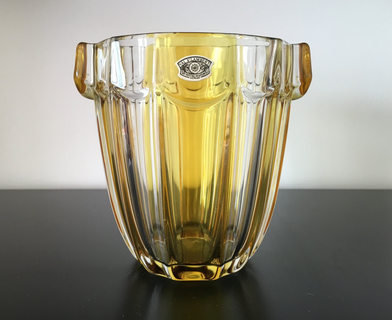 Vintage Val St. Lambert Crystal Vase Clear and Yellow