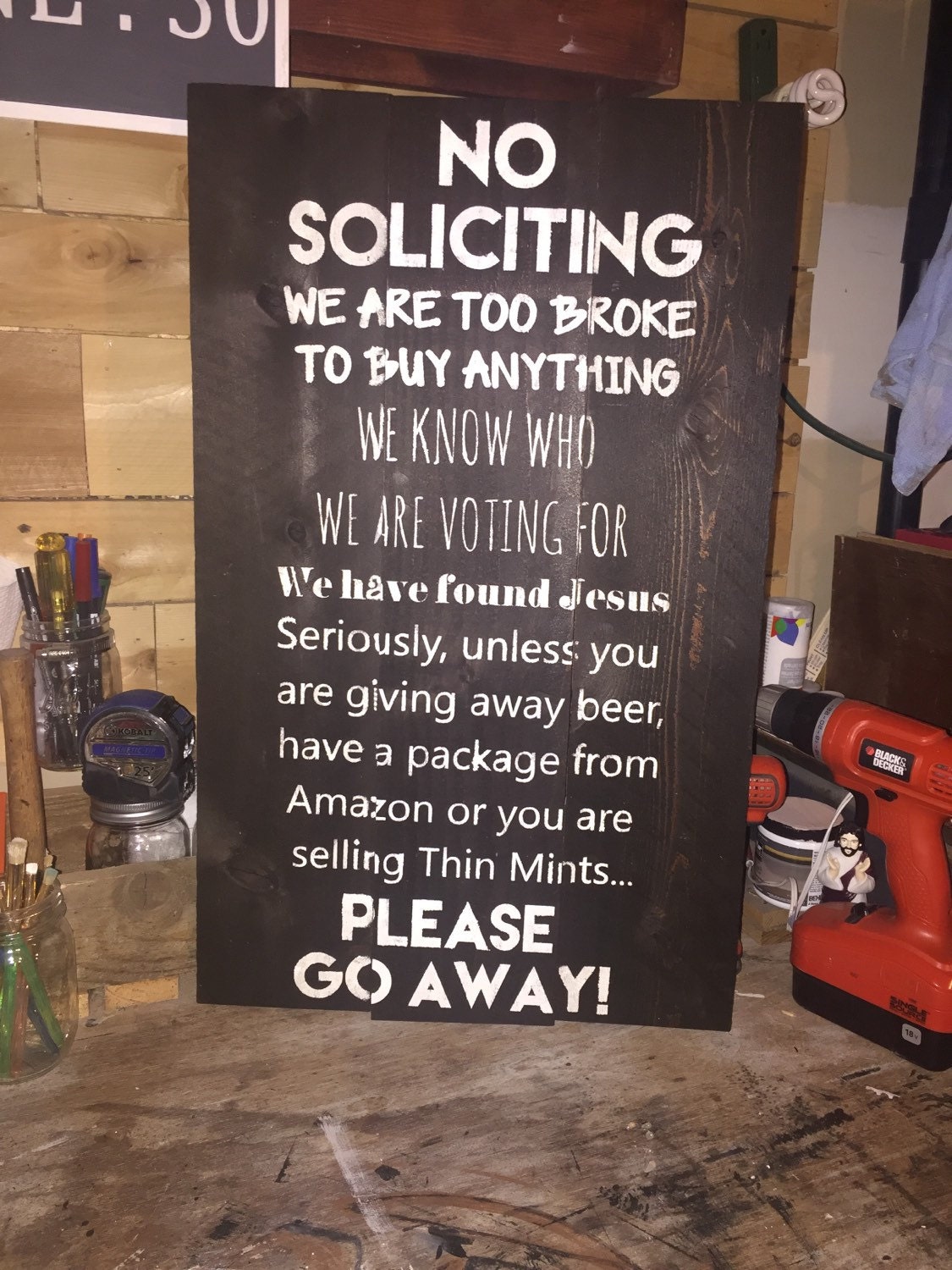 no soliciting front door wood sign