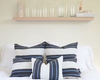 Blue & Grey Stripe Vintage Woven Pillow Cover | Various Sizes