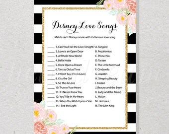 30% OFF Bridal Shower Disney Love Song Game, Black and White Stripes, Pink Floral, Gold Wedding Shower - SKUHDG12