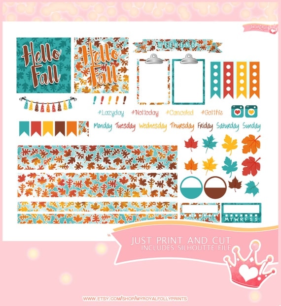 Hello Fall Kit Horizontal | Printable Planner Stickers | Happy Planner Horizontal | Instant Digital Download with Silhouette file