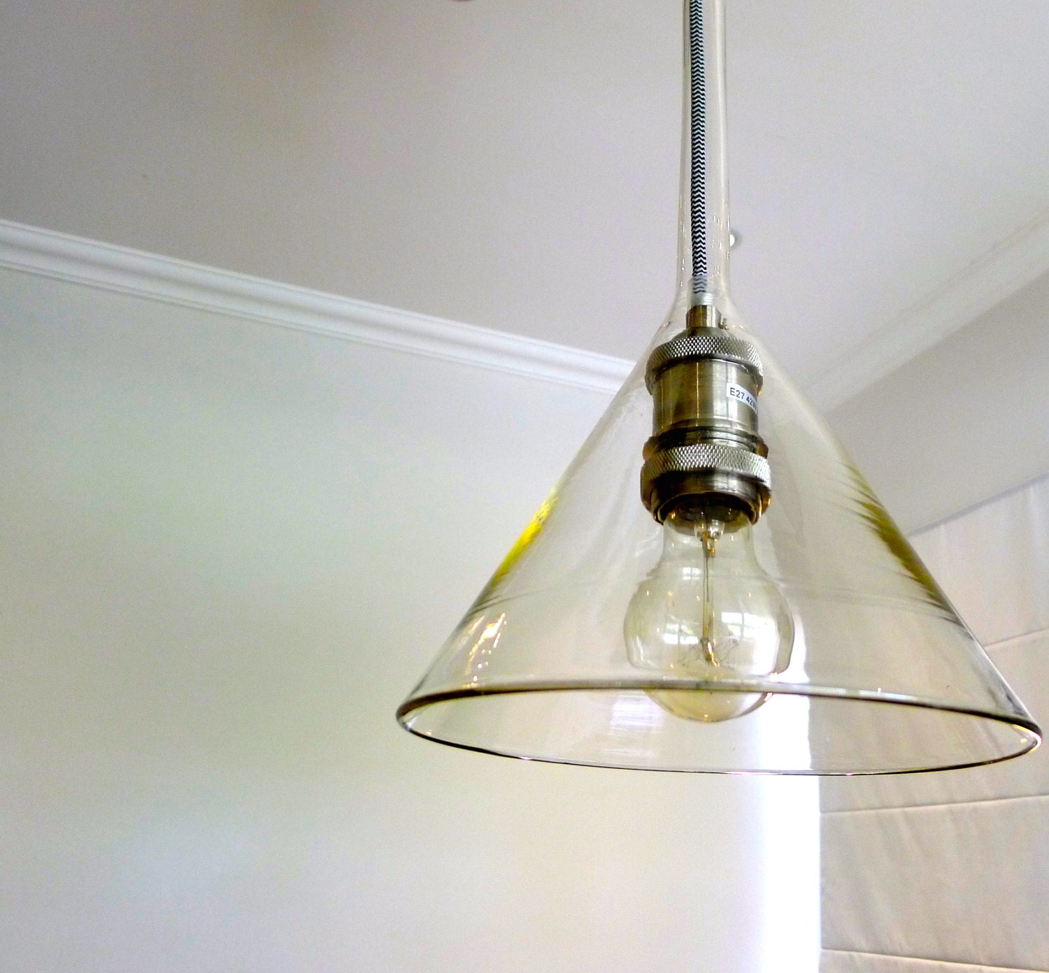 Upcycled glass funnel pendant light 21cm diameter by WoodvsPaper