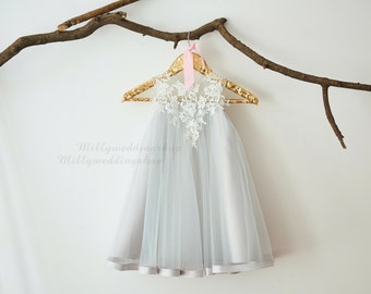 Ivory Lace Silver Grey Tulle Flower Girl Dress M0044