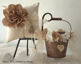 Ring Bearer Pillow, Flower Girl Basket, Rustic Wedding, Burlap, Ivory, Bronze, Wedding Ring Pillow