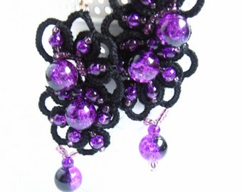 ready to ship! BLACK BEAUTY ANKARS tatting earrings bridesmaids jewelry tatted jewelry frivolite chiacchierino gift birthday black lace