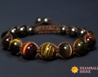 Healing Beads Bracelet Tiger eye macrame Bracelet Brown Stone Hawk Eye gemstone Brown cord bracelet Brown cat eye Unisex woven bracelet