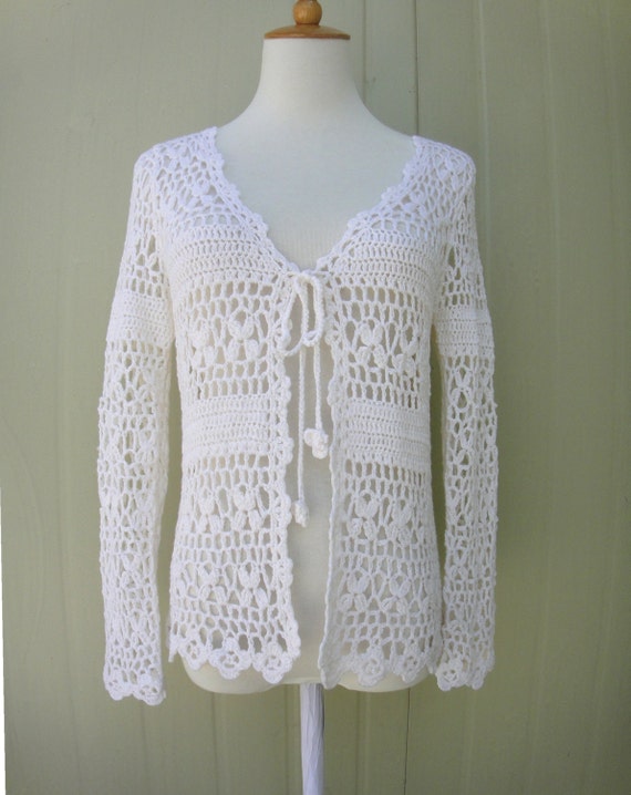 White Crochet Open Cardigan Tie Front